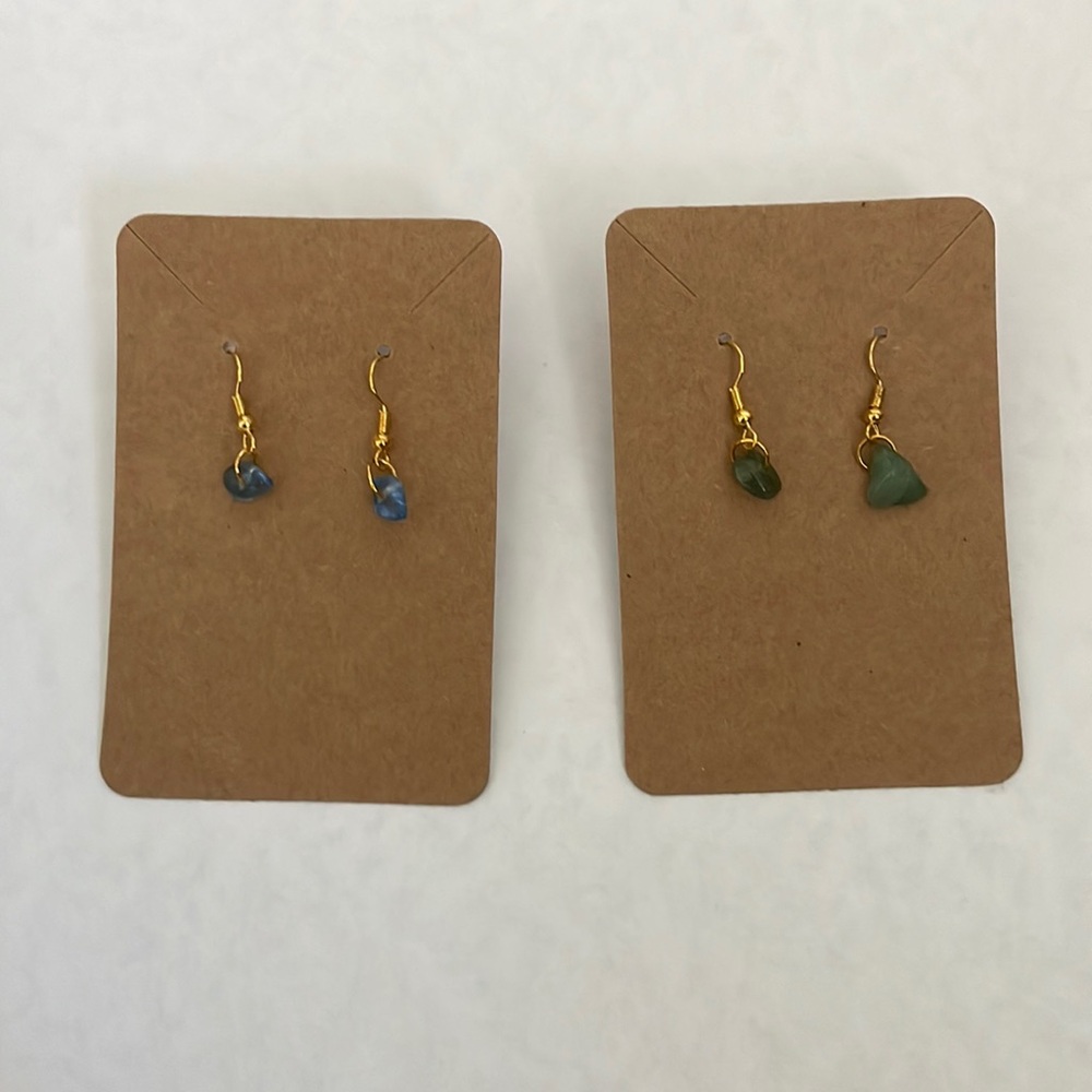 Homemade, gold earrings, blue and green stones
